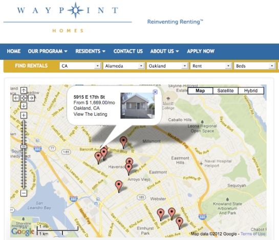A screenshot of Waypoint Homes' online, map-based rental searching tool. As of December 7, 2012, Waypoint lists eleven homes for rent in East Oakland.